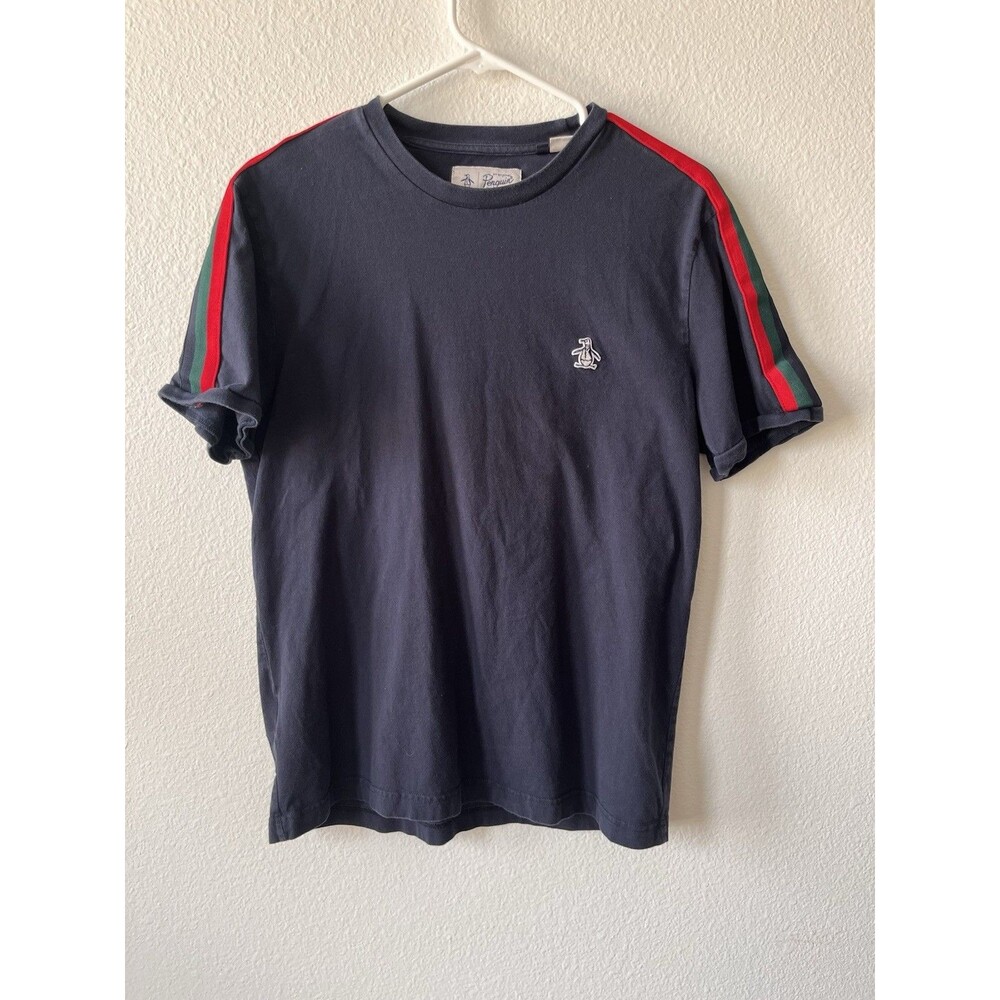 Penguin Men’s M Blue T-shirt, Red And Green Stripes On Sleeve